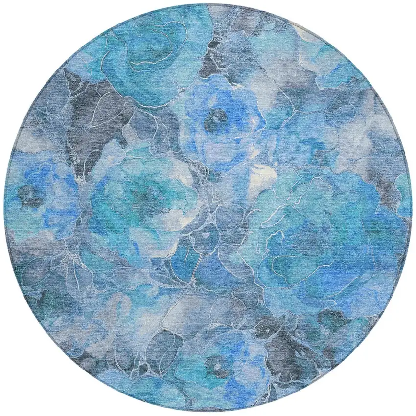8' Blue And Gray Round Floral Washable Indoor Outdoor Area Rug Photo 3