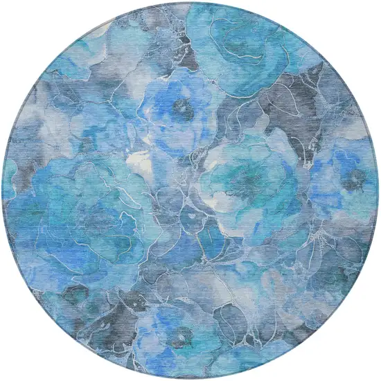 8' Blue And Gray Round Floral Washable Indoor Outdoor Area Rug Photo 4