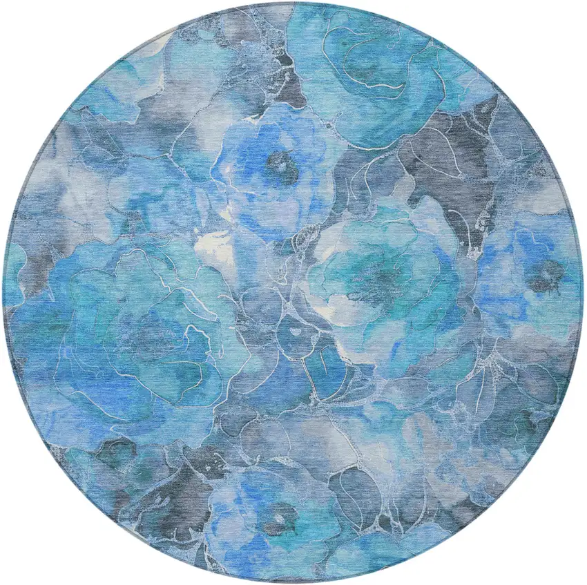 8' Blue And Gray Round Floral Washable Indoor Outdoor Area Rug Photo 4