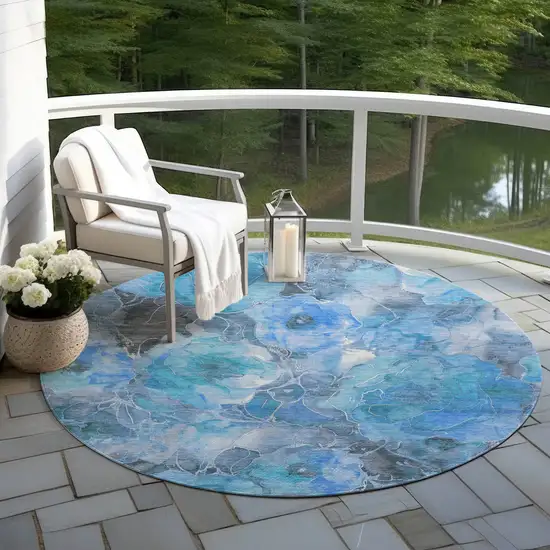 8' Blue And Gray Round Floral Washable Indoor Outdoor Area Rug Photo 5