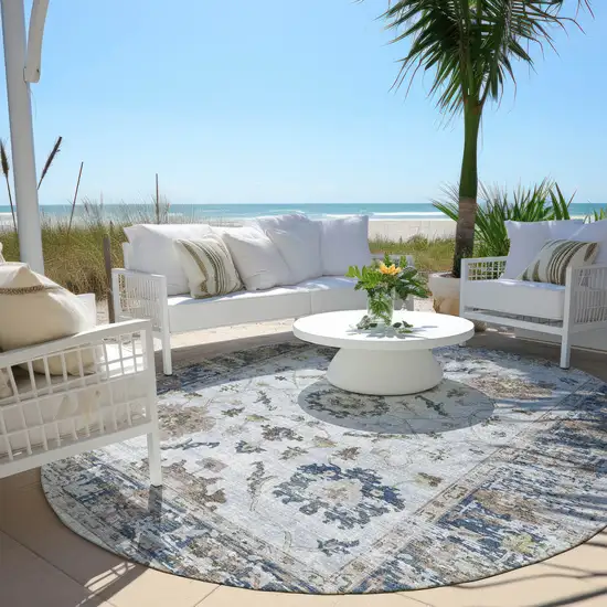 8' Blue And Gray Round Floral Washable Indoor Outdoor Area Rug Photo 5