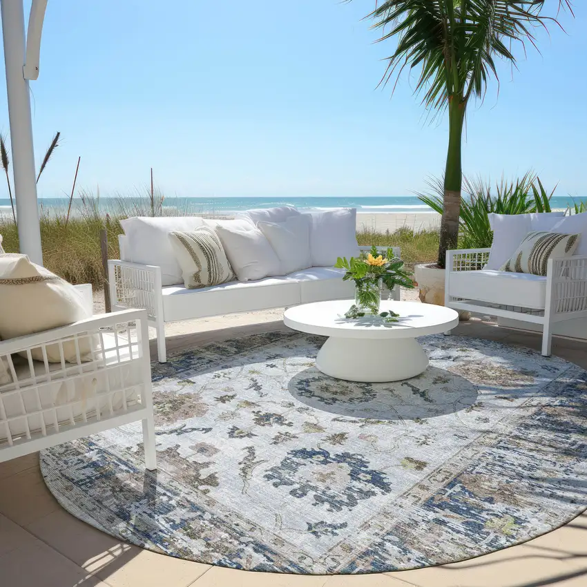 8' Blue And Gray Round Floral Washable Indoor Outdoor Area Rug Photo 5