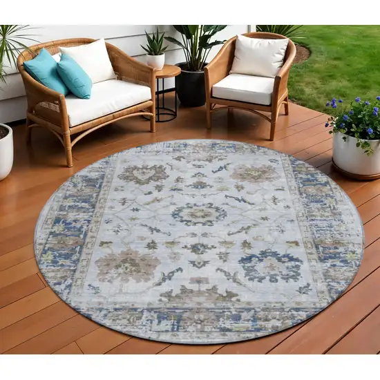 8' Blue And Gray Round Floral Washable Indoor Outdoor Area Rug Photo 2