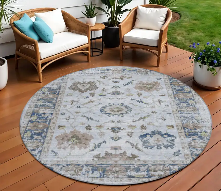 8' Blue And Gray Round Floral Washable Indoor Outdoor Area Rug Photo 2