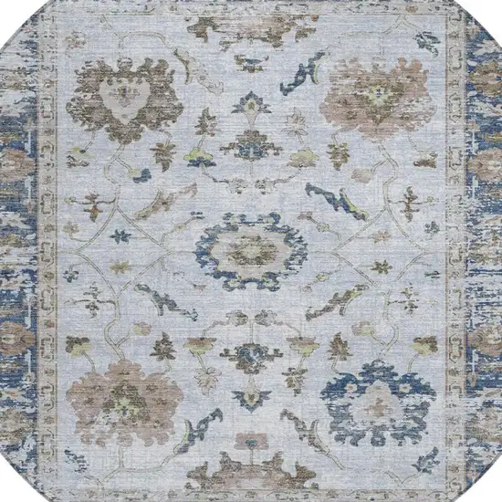 8' Blue And Gray Round Floral Washable Indoor Outdoor Area Rug Photo 4