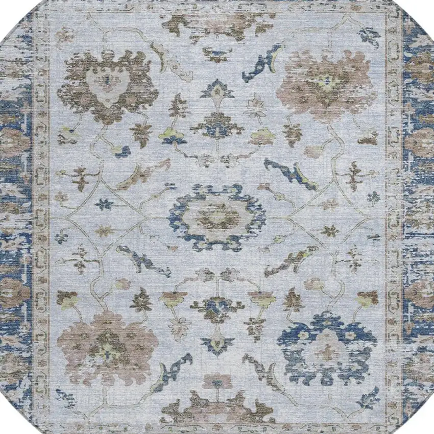 8' Blue And Gray Round Floral Washable Indoor Outdoor Area Rug Photo 4