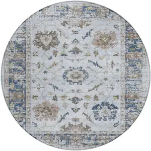 Photo of 8' Blue And Gray Round Floral Washable Indoor Outdoor Area Rug