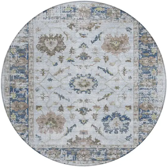 8' Blue And Gray Round Floral Washable Indoor Outdoor Area Rug Photo 1