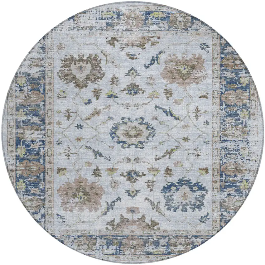 8' Blue And Gray Round Floral Washable Indoor Outdoor Area Rug Photo 1