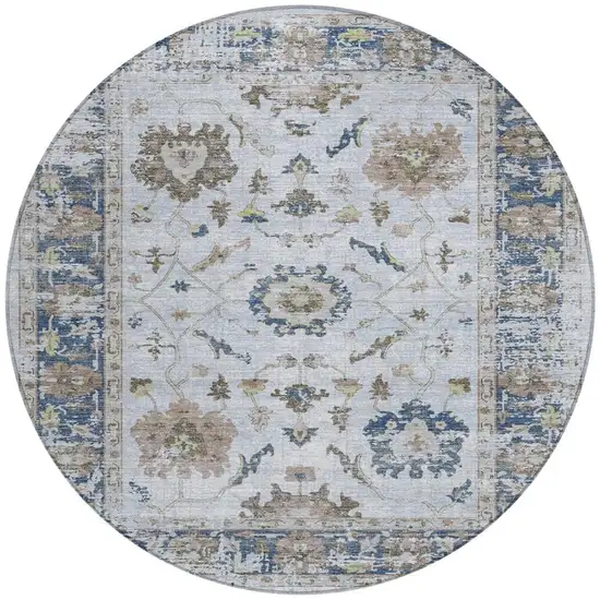8' Blue And Gray Round Floral Washable Indoor Outdoor Area Rug Photo 3