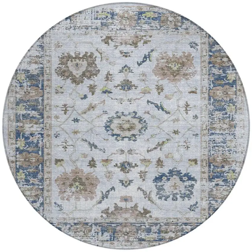 8' Blue And Gray Round Floral Washable Indoor Outdoor Area Rug Photo 3