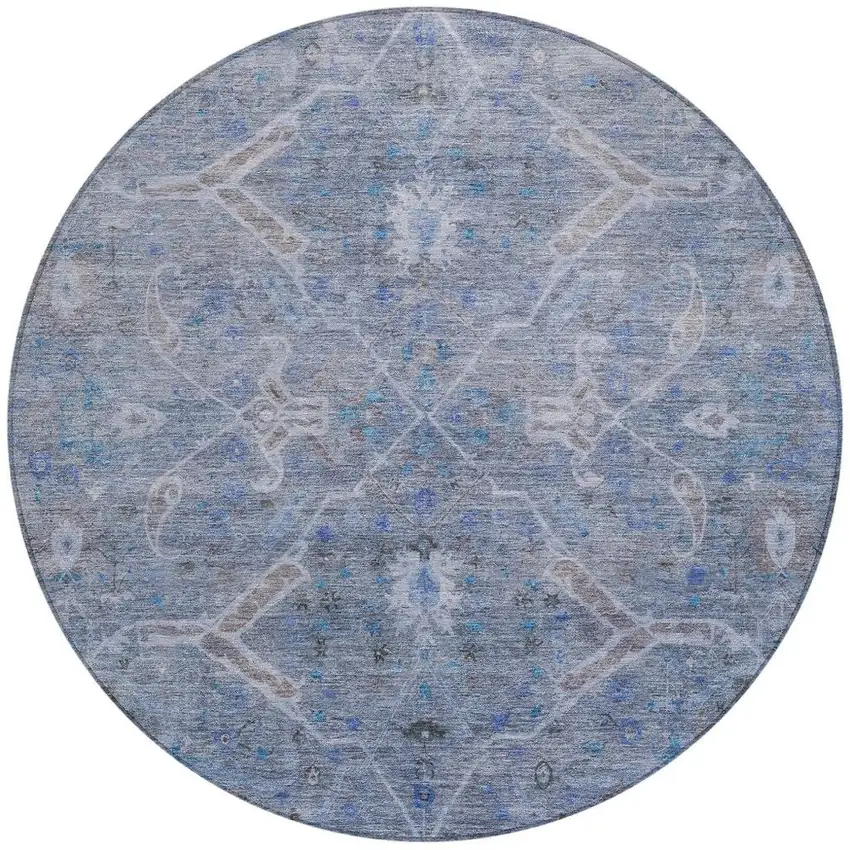 8' Blue And Gray Round Floral Washable Indoor Outdoor Area Rug Photo 4