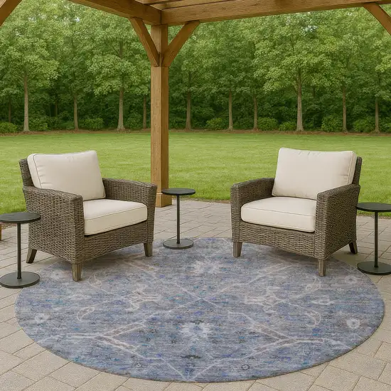 8' Blue And Gray Round Floral Washable Indoor Outdoor Area Rug Photo 8