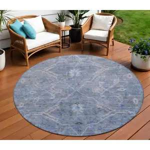 Photo of 8' Blue And Gray Round Floral Washable Indoor Outdoor Area Rug