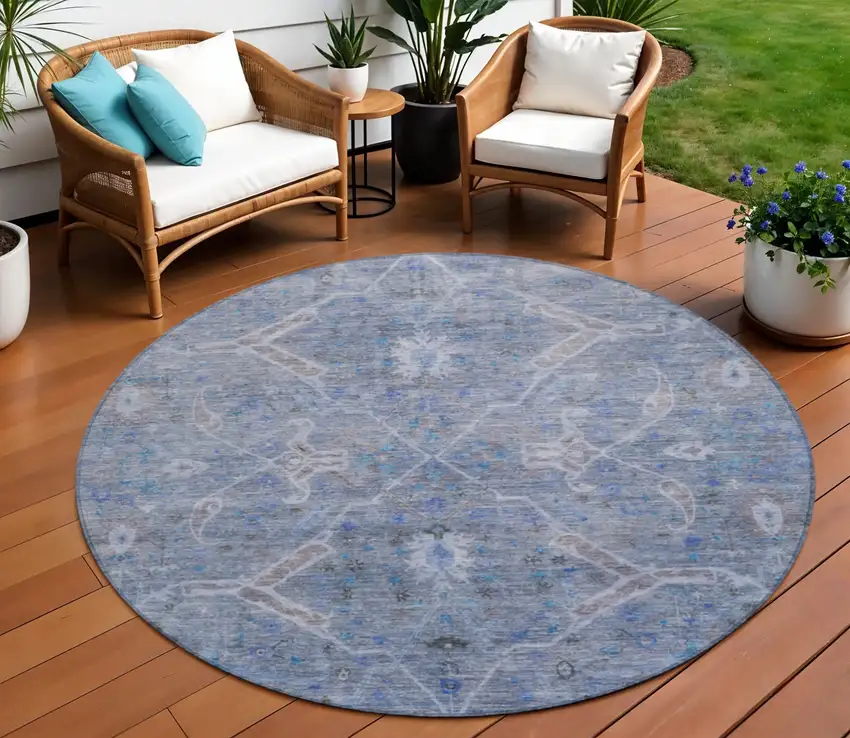 8' Blue And Gray Round Floral Washable Indoor Outdoor Area Rug Photo 1