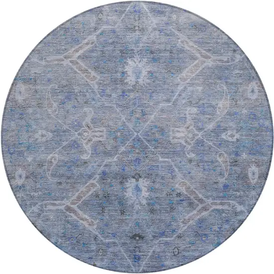 8' Blue And Gray Round Floral Washable Indoor Outdoor Area Rug Photo 2
