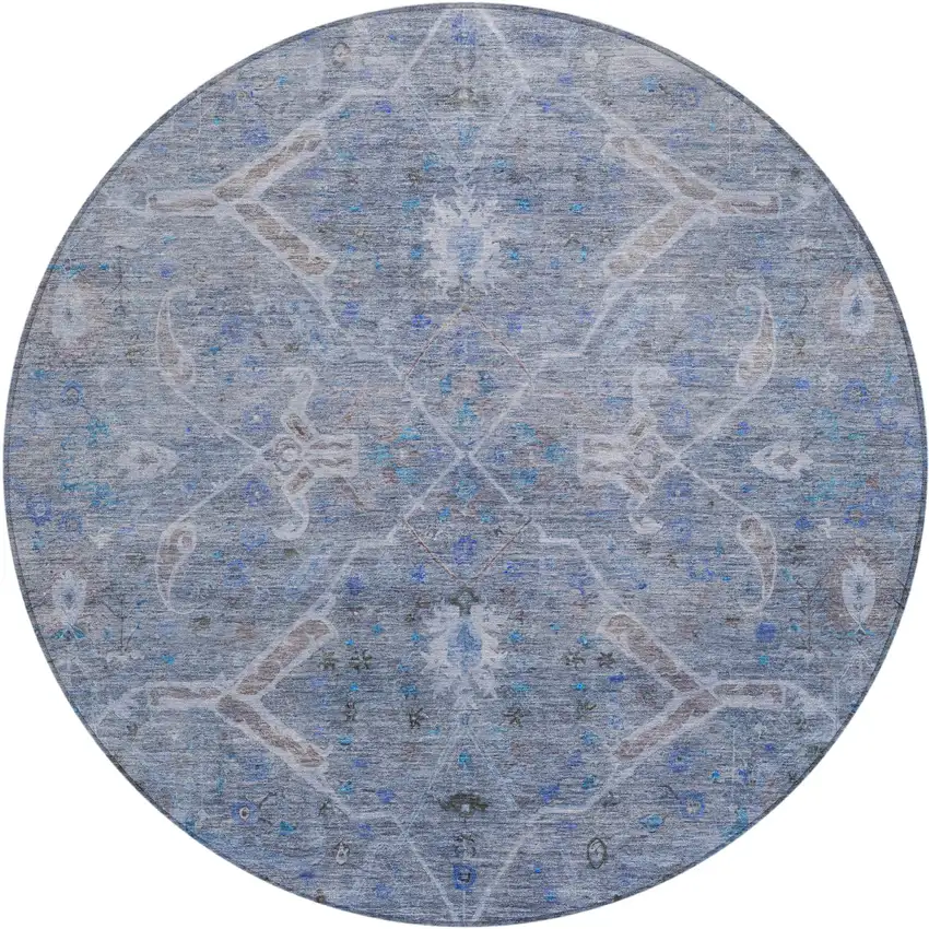 8' Blue And Gray Round Floral Washable Indoor Outdoor Area Rug Photo 2