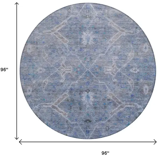 8' Blue And Gray Round Floral Washable Indoor Outdoor Area Rug Photo 3