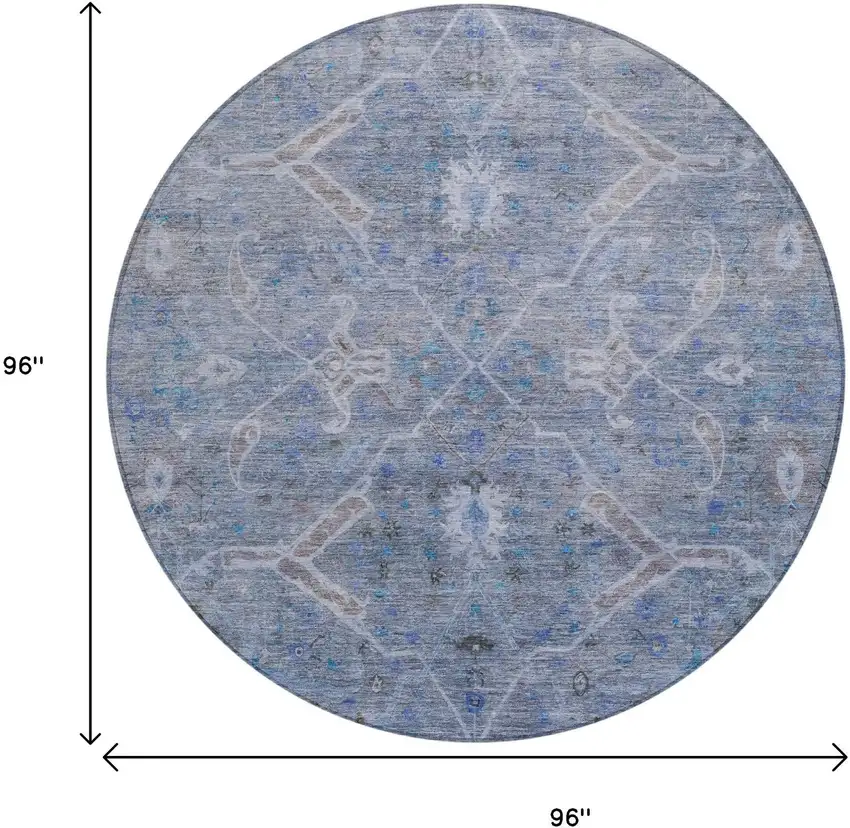 8' Blue And Gray Round Floral Washable Indoor Outdoor Area Rug Photo 3