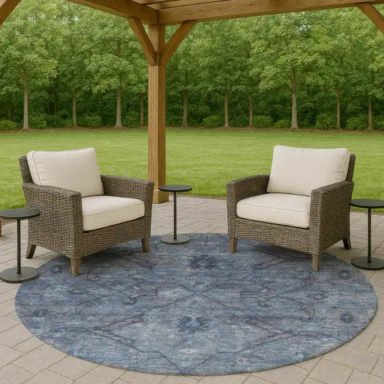 8' Blue And Gray Round Floral Washable Indoor Outdoor Area Rug Photo 8