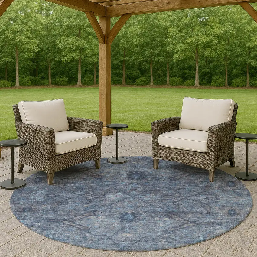 8' Blue And Gray Round Floral Washable Indoor Outdoor Area Rug Photo 8