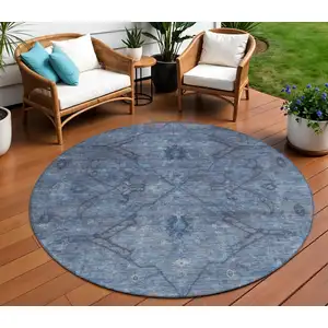Photo of 8' Blue And Gray Round Floral Washable Indoor Outdoor Area Rug
