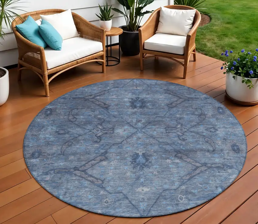 8' Blue And Gray Round Floral Washable Indoor Outdoor Area Rug Photo 1