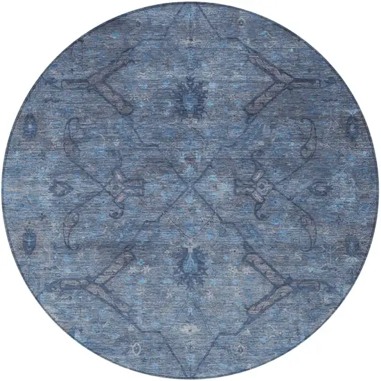 8' Blue And Gray Round Floral Washable Indoor Outdoor Area Rug Photo 5