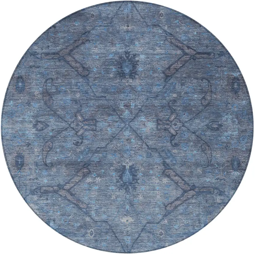 8' Blue And Gray Round Floral Washable Indoor Outdoor Area Rug Photo 5