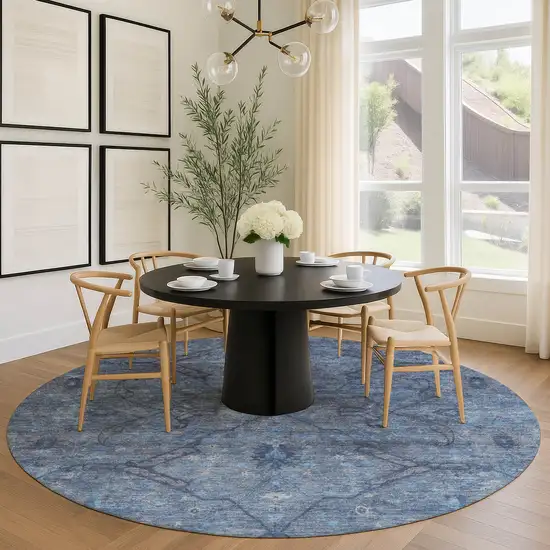 8' Blue And Gray Round Floral Washable Indoor Outdoor Area Rug Photo 9