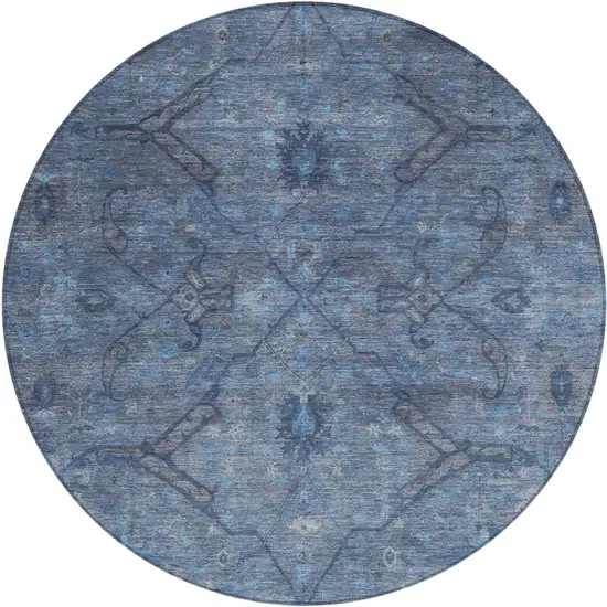 8' Blue And Gray Round Floral Washable Indoor Outdoor Area Rug Photo 2