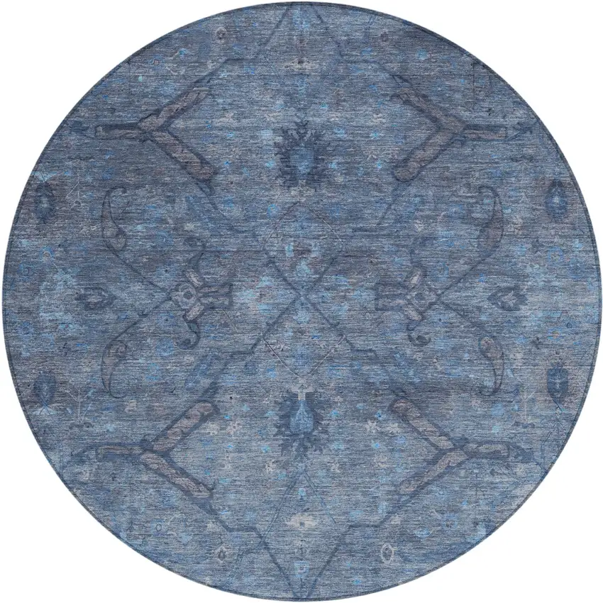 8' Blue And Gray Round Floral Washable Indoor Outdoor Area Rug Photo 2