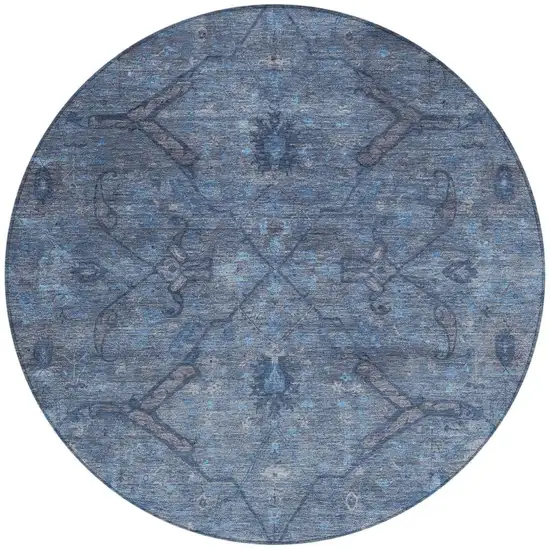 8' Blue And Gray Round Floral Washable Indoor Outdoor Area Rug Photo 4