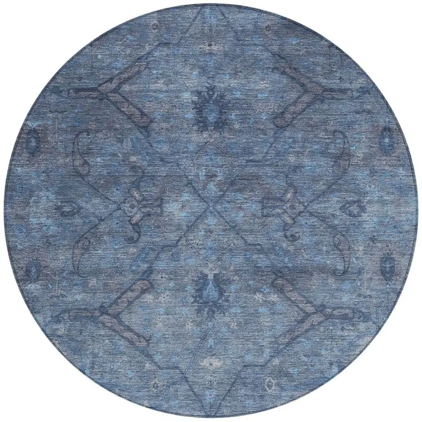 8' Blue And Gray Round Floral Washable Indoor Outdoor Area Rug Photo 4