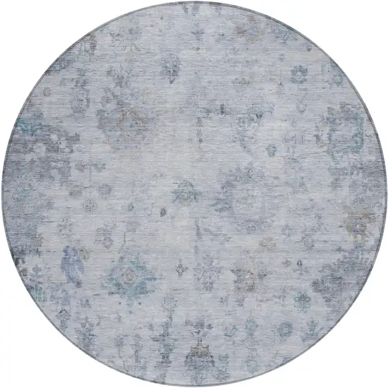 8' Blue And Gray Round Floral Washable Indoor Outdoor Area Rug Photo 2