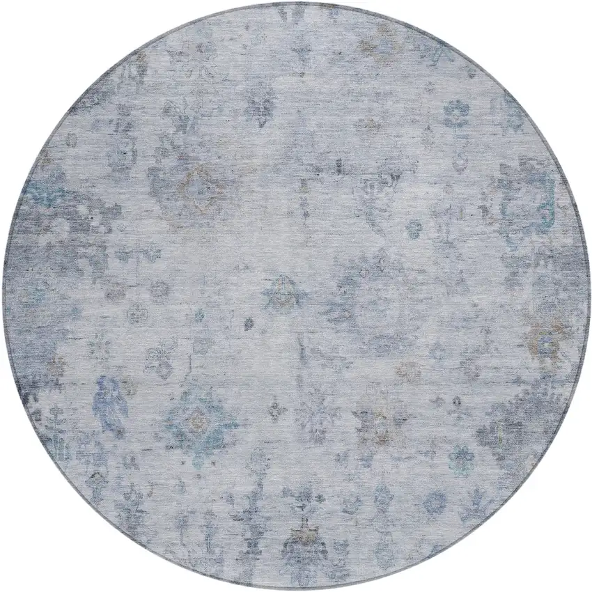 8' Blue And Gray Round Floral Washable Indoor Outdoor Area Rug Photo 2