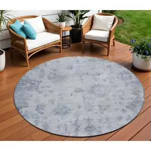 Photo of 8' Blue And Gray Round Floral Washable Indoor Outdoor Area Rug
