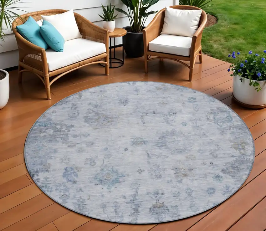 8' Blue And Gray Round Floral Washable Indoor Outdoor Area Rug Photo 1