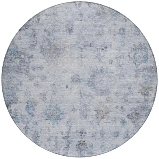 8' Blue And Gray Round Floral Washable Indoor Outdoor Area Rug Photo 4