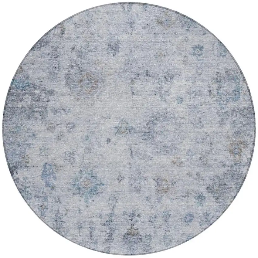 8' Blue And Gray Round Floral Washable Indoor Outdoor Area Rug Photo 4