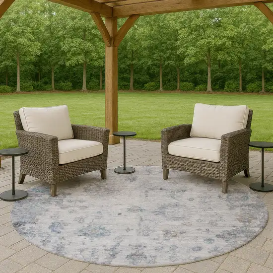 8' Blue And Gray Round Floral Washable Indoor Outdoor Area Rug Photo 8