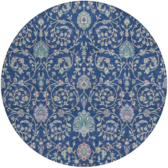 8' Blue And Gray Round Floral Washable Indoor Outdoor Area Rug Photo 2