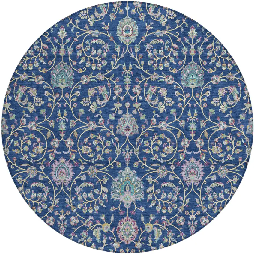 8' Blue And Gray Round Floral Washable Indoor Outdoor Area Rug Photo 2
