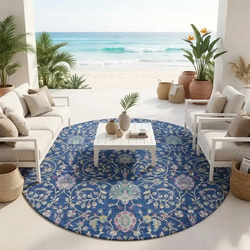8' Blue And Gray Round Floral Washable Indoor Outdoor Area Rug Photo 1