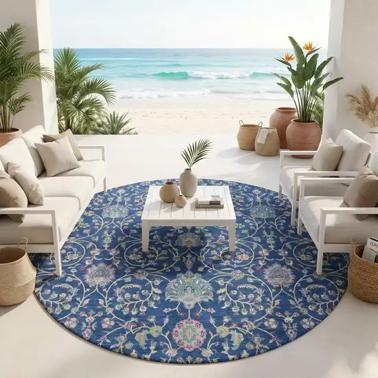 8' Blue And Gray Round Floral Washable Indoor Outdoor Area Rug Photo 1