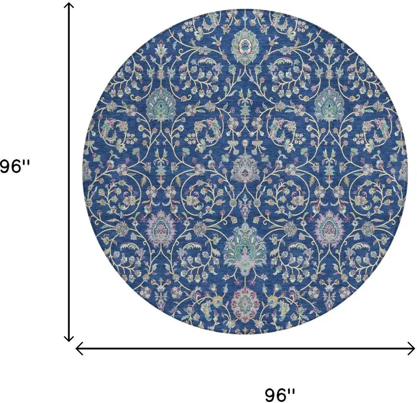 8' Blue And Gray Round Floral Washable Indoor Outdoor Area Rug Photo 5