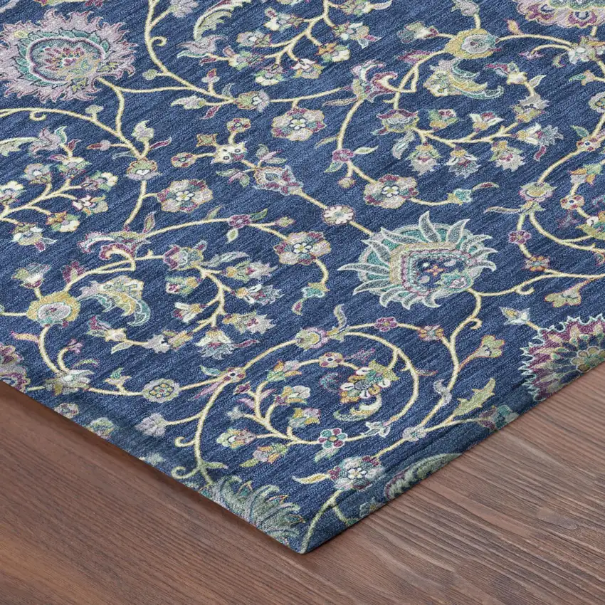 8' Blue And Gray Round Floral Washable Indoor Outdoor Area Rug Photo 3