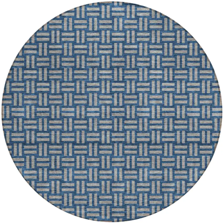 8' Blue And Gray Round Geometric Washable Indoor Outdoor Area Rug Photo 2