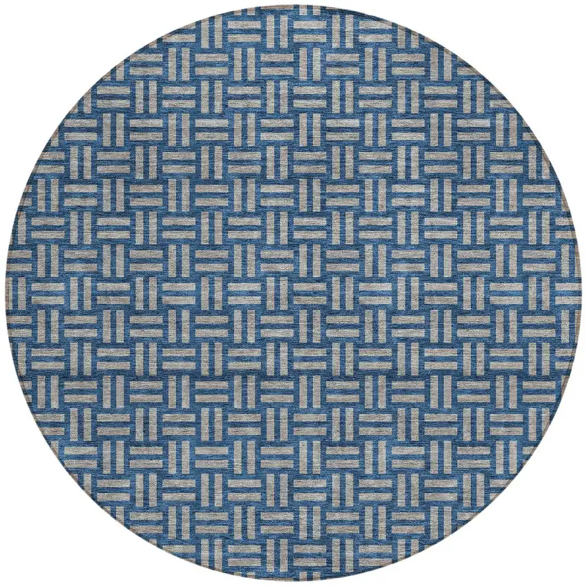 8' Blue And Gray Round Geometric Washable Indoor Outdoor Area Rug Photo 5