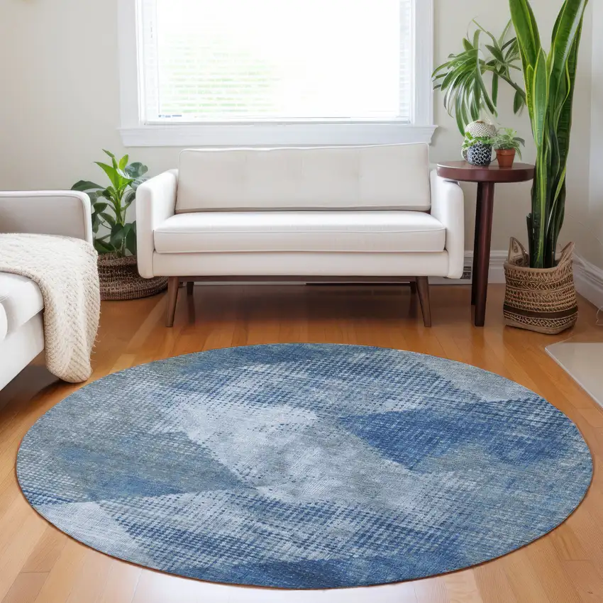 8' Blue And Gray Round Geometric Washable Indoor Outdoor Area Rug Photo 8